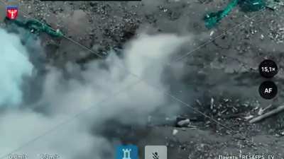 Russian tries to push an unexploded Ukrainian drone away from his dugout with catastrophic consequences.