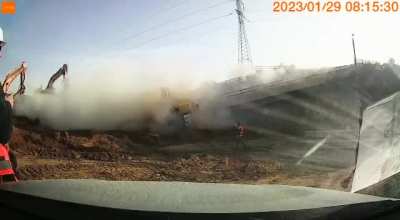 (29.01.2023, Israel) Excavators demolishing the bridge they are standing on, falling together with the bridge. 2 of the excavators operators were injured.