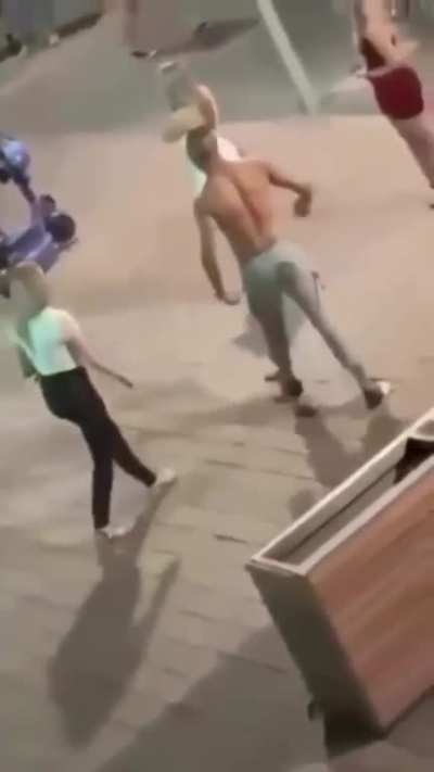 idiot walking around looking for a fight but found karma instead