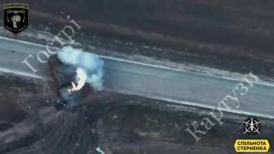 Footage of Ukrainian FPV pilots attacking a Russian fuel truck with their quads.