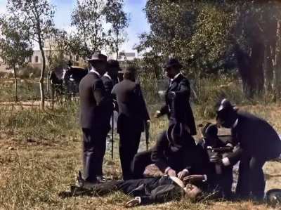Pistol duel - 1896 - by The Lumi&egrave;re brothers (colorised)