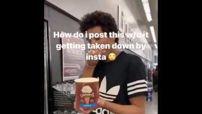 Instagram "influencer" eating ice cream off the store shelf then putting it back