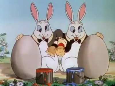 This scene is from the 1934 Disney animated short &ldquo;Funny Little Bunnies.&rdquo; This lesser-known classic features colorful, whimsical scenes of bunnies making Easter treats, and showcases Disney&rsquo;s early animation techniques from the pre-Snow White era.