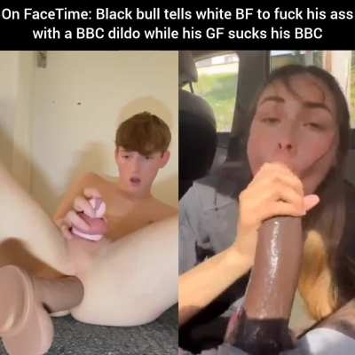 Twink BF fucks his ass with a dildo while his GF sucks BBC