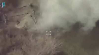 Ukrainian HIMARS strike on Russians building defenses (?) behind the frontline. April 2024 (music from source)