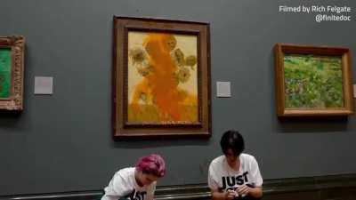 Activists wash hands in art gallery, clean up Van Gogh painting and leave for their jobs in the oil industry.