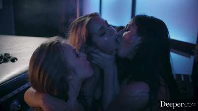 Angela jerking his cock off all over her 3 hot friends, she obviously needs a taste herself though