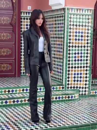 Jenna Ortega in leather double in Marrakesh &bull; December 2025
