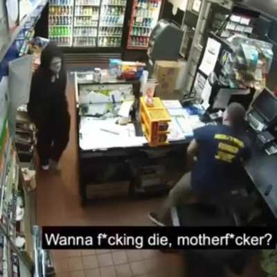 Person attempts to Robbed a gas station. But is found to be handling a toy gun. Robber runs for his life after it's horrible failed attempt of a robbery. By being chased by the gas station attended with a baseball bat. Full fuckery.