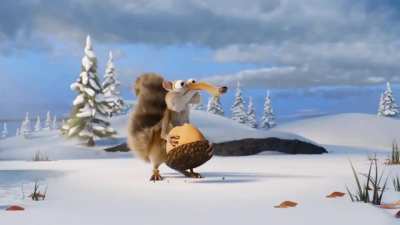Scrat finally got the acorn . The shot was made as a farewell to Blue Sky Studios.