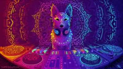 Lonely dog DJing in a different reality