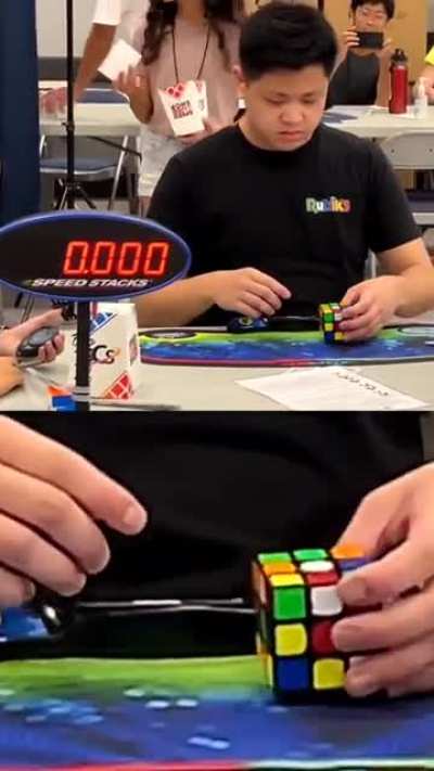 Max Park solving a 3&times;3 Rubik's cube single-handed in a World Record 6.2s. He's so much in the momentum that he immediately picks up another cube on the table after he's done with the target.