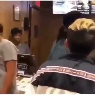 Racist kid calls man in front of him ordering a "black guy", gets thrown across the counter
