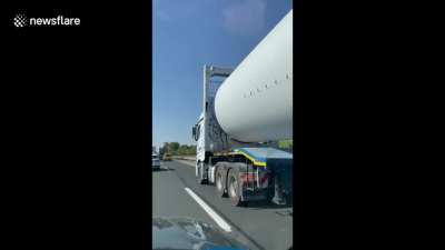 Truck For Scale! Truck Transports Large Wind Turbine Blade In Valdepe&ntilde;as, Spain