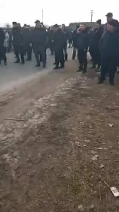 Dozens of Ukrainian civilians have blocked the path of Russian tanks in Chernihiv Oblast.