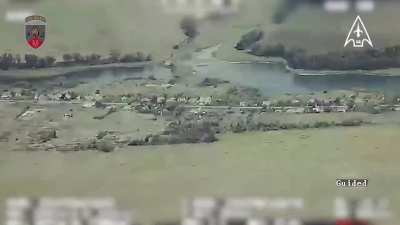 Ukrainian drone footage of an attack on a Russian 2S3 "Akatsiya" 152-mm self-propelled gun using long-range loitering munitions. Donetsk Oblast. 