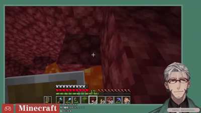 Miyabi jump scares Aruran and makes him throw his pickaxe in the lava