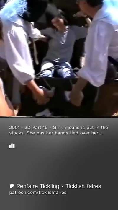 Girl in jeans is put in stocks and tickled on her bare soles at the renfaire