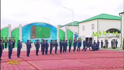 Turkmenistan&rsquo;s new president, looking somewhat unimpressed, watches a dance routine performed by police cadets
