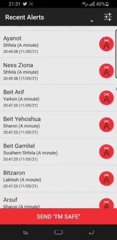 The attacks on israel from gaza all thoughout today. Every single notification is a rocket attack (or a few in a row)
