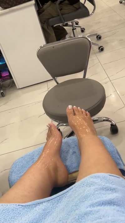 fresh oiled up pedicure, I call this color &ldquo;cum white&rdquo;