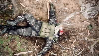 Drone from the 503rd Marine Battalion of the 38th Marine Brigade drops grenade on Russian infantryman near Krynky, Kherson. 17/02/2024