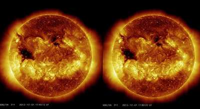 Solar eruptions in 3d! OK, I tried to create something unique here. This is data from the NASA SDO which I processed and combined to create a stereo 3d image. So if you can uncross eyes (like looking behind the screen) and combine the two images you'll be