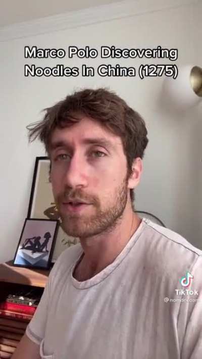 Marco Polo discovering noodles in China