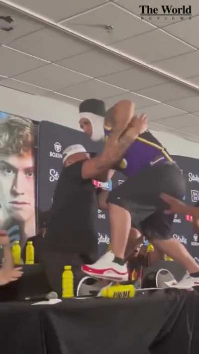 Shocking moment YouTuber Alex Stein throws &lsquo;hotdogs&rsquo; at Muslim TikTok star Mo Deen ahead of Misfits Boxing clash.