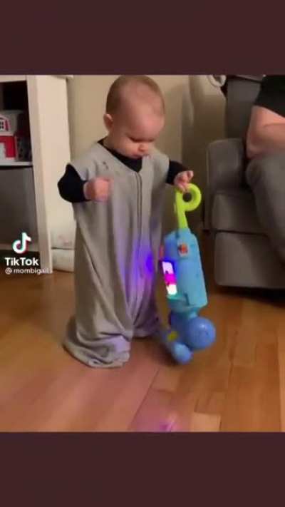 you start them young and not raise assholes but you watching this baby do house work that u don&rsquo;t wanna do? Are u the asshole?