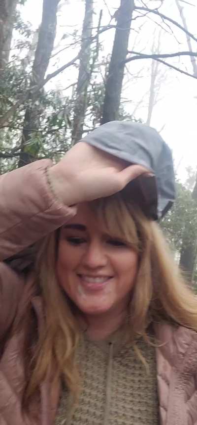 Doing a cumwalk in the rain hiking back to the car 😜. A good girl always gets a facial 😋
