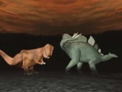 This GODAWFUL animation of a T. rex attacking a Stegosaurus was actually included with an interactive encyclopedia suite in 1998. Watch with sound.