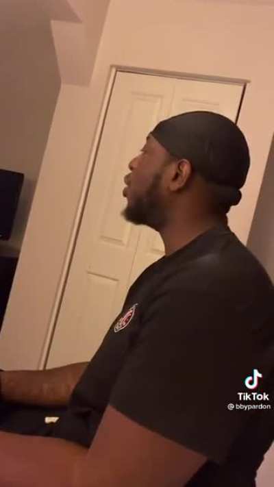 Can't tell if he's uncomfortable with the voice or uncomfortable with arousal