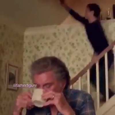 Peter Parker (a.k.a. Spiderman) running down the stairs