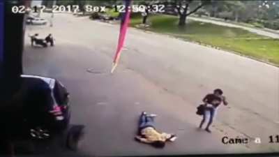 Wild tire hits pedestrian right in the head (the victim is alive)