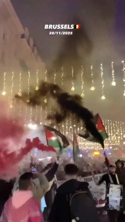 In a terrifying sight, Muslims STORMED the opening night of the Christmas market in Brussels, waving Palestinian flags, setting off smoke bombs and scaring families