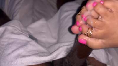 SUPER Cummy Toes. She made me cum 30 secs STRAIGHT !!! Here&rsquo;s 10 of em ! 😈her size 10s and long toes WRECKING my BBC !