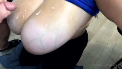 Gcupbaby playing with the load on her tits