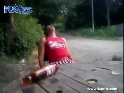 Drunk Ukrainian Gets A Log To The Face Leaving Him Unconscious