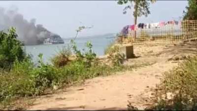 Footage of Myanmar Junta troops surrendering to rebel forces from a burning boat on the Kaladan River in Rakhine State.