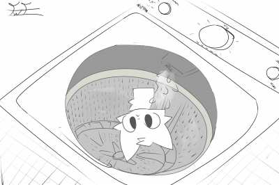 The heck he doin in the washing machine??