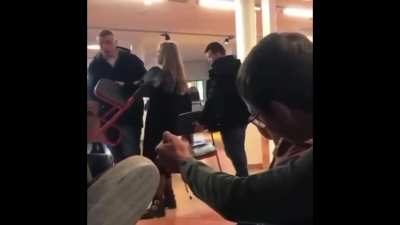 First clip is a girl(16) stealing someone&rsquo;s(13) chair . 2nd clip is a man 16y old knocking her out.