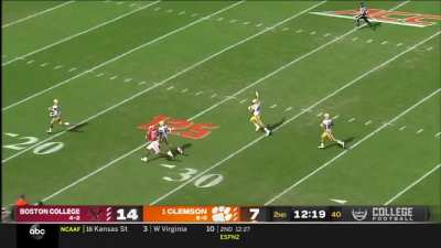Boston College scoops up a Travis Etienne fumble and takes it 97 yards for a touchdown, taking a 21-7 lead over #1 Clemson