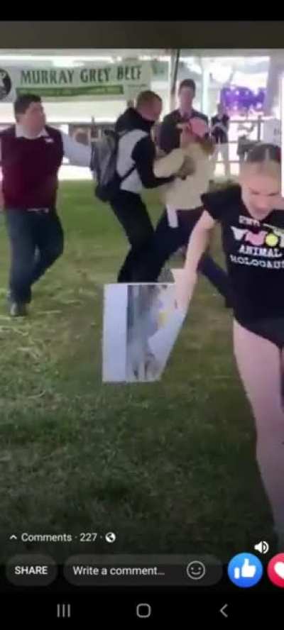 Farmer looses his cool at animal rights protester
