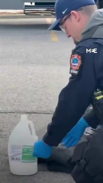 Pro-Israel lunatic, wearing JDL shirt, arrested in Toronto after threatening pro-Palestine protesters with a chemical substance. Fire crews confirmed it was lab-grade ammonium hydroxide. Police issued a statement saying a &ldquo;female was arrested on scene for