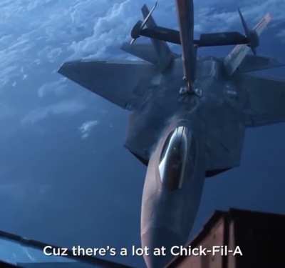 F-22 Raptor does a 120 degrees banked turn after aerial refueling.