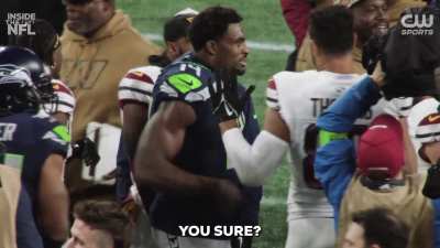 [Mic'd Up] Logan Thomas to DK Metcalf: "Hey, I know it might not mean nothing but my son [is a] big fan."
