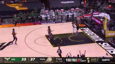 [Highlight] Suns with the steal, Holiday with an insane block, Ayton cleans it up with the slam. Suns crowd goes nuts