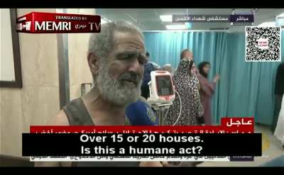 Al-Jazeera interview an old man in a Gaza hospital, The man criticizes Israel for the destruction in Gaza (journalist happy) but then he start to critic Hamas "Why is the resistance (Hamas) hiding among the people? They can go to hell and hide there!" (jo