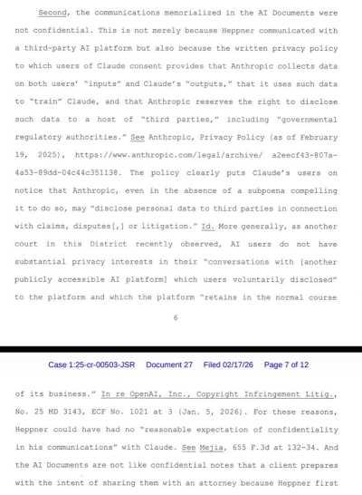 AI Privacy/Privilege: Consumer chats have none, obviously, but reminded once again in this 2/17 Judge memo